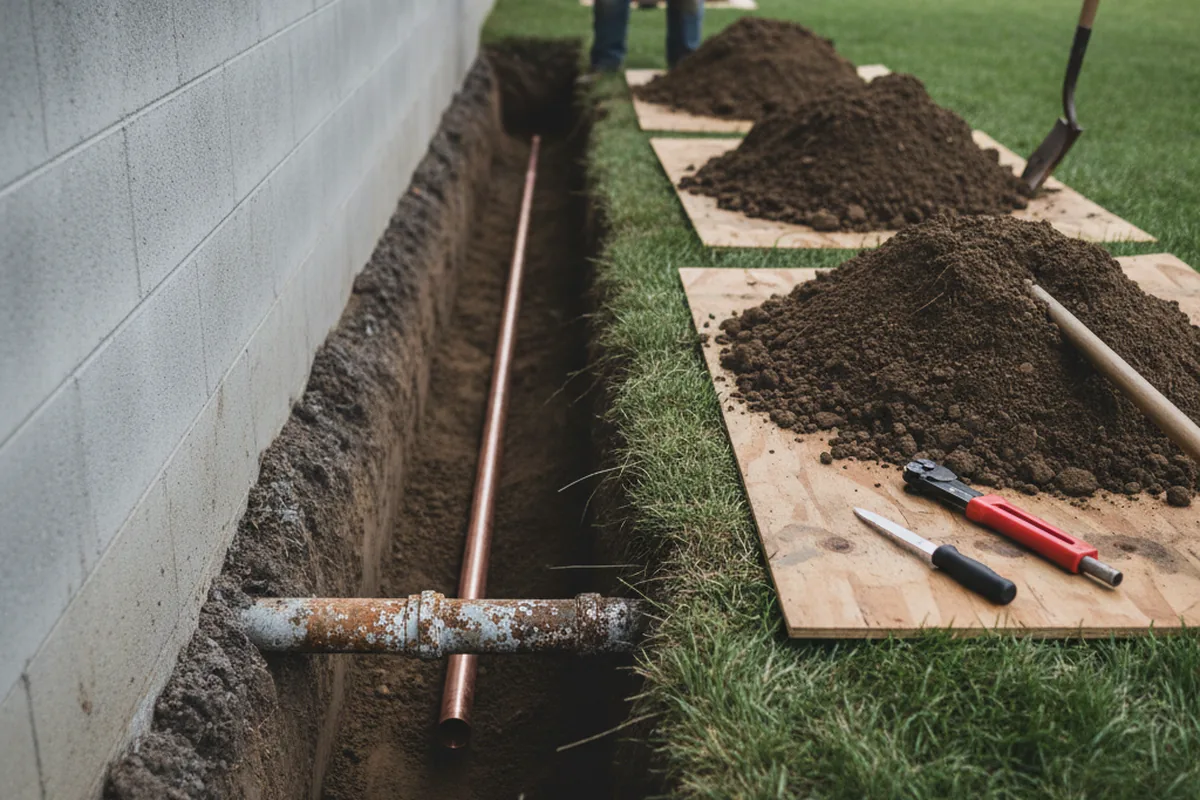 Excavated water line trench during Water Softener Installation in De Soto